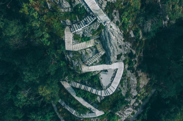 a stone staircase weaving up through trees on a mountain