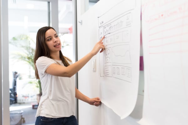 woman presenting something on board