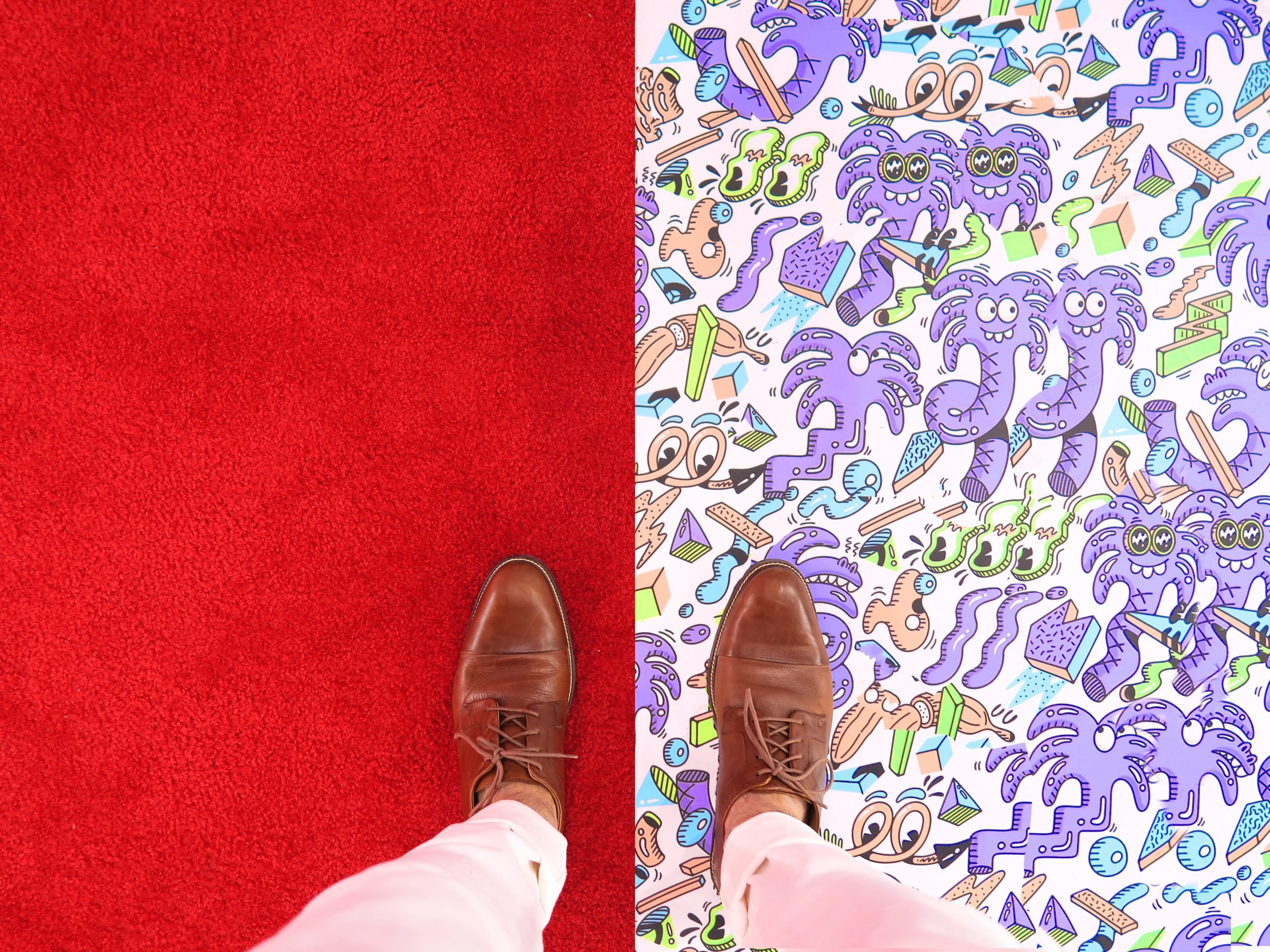 leather shows on a red carpet and carpet with elephants on it