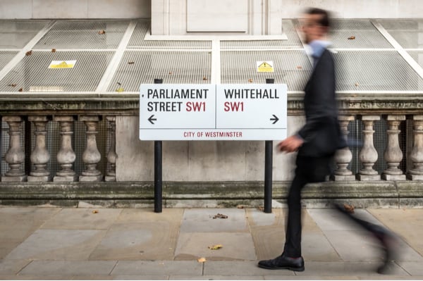 Signboard showing on the left parliament street and on the right whitehall