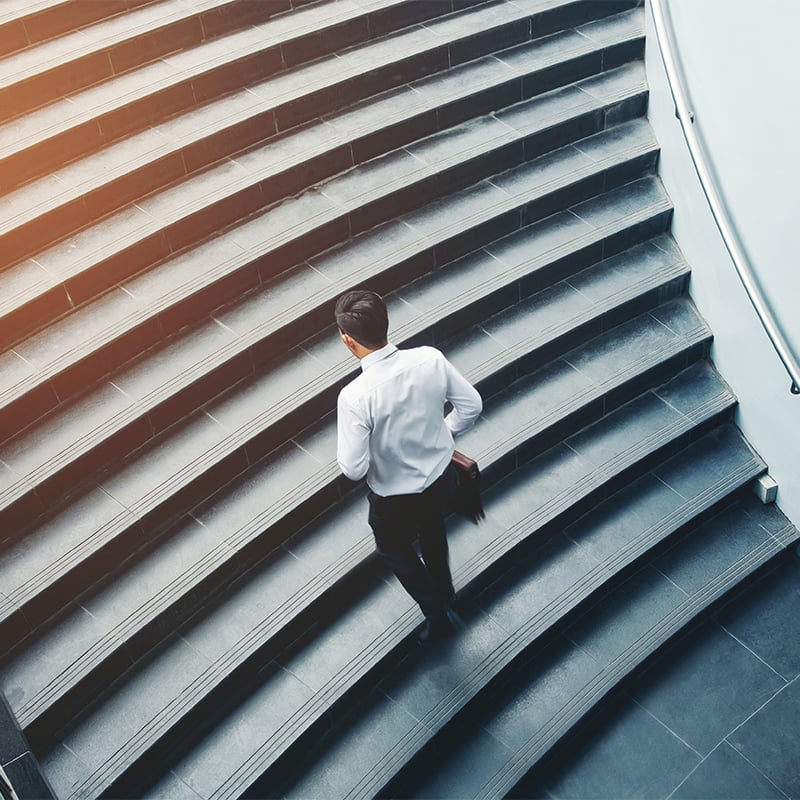 Man carrying a briefcase climbing a flight of stairs