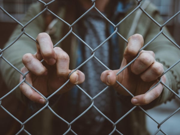Hands holding a chainlink fence