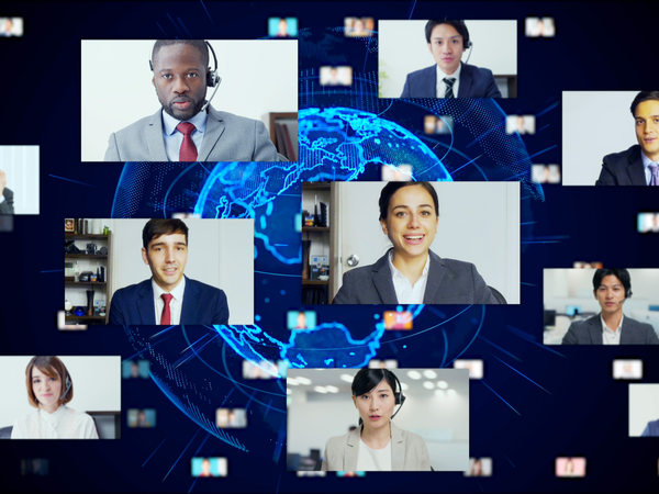 Conference call against a backdrop of a lit-up globe