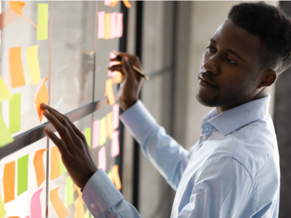 Concentrating person facing a wall full of post-it notes