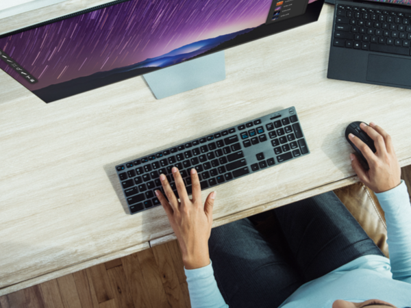 Person working on a computer at home