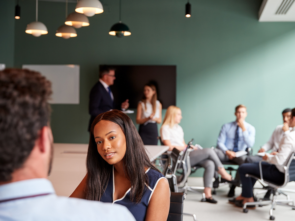 Young woman in a group interview