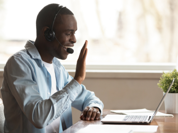 Young man speaking and gesticulating on a video call