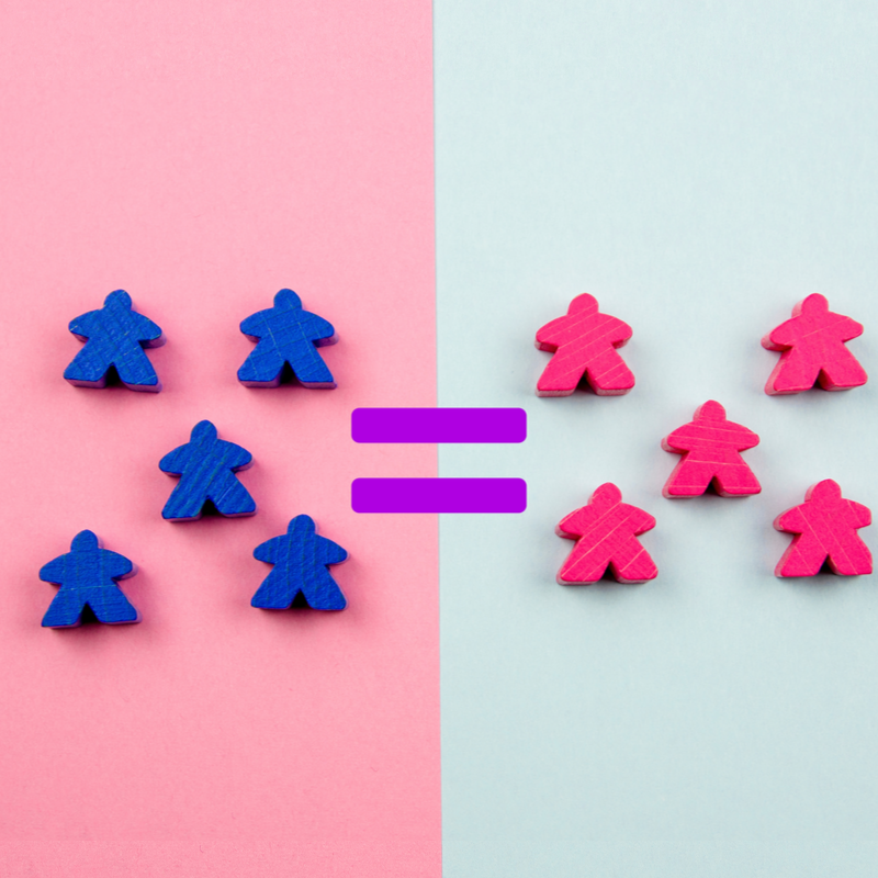 Ten wooden cutouts of humans: five are blue, five are pink, on a blue and pink background with an 'equals' sign between them