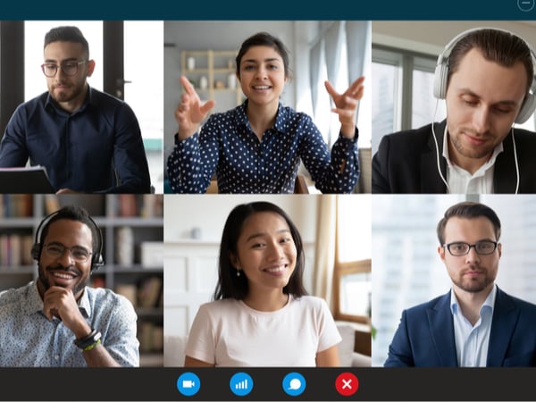 Six people of different ethnicities collaborating on a work video call