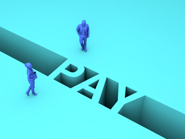 An image of a man and a woman either side of a chasm that has the word pay in it