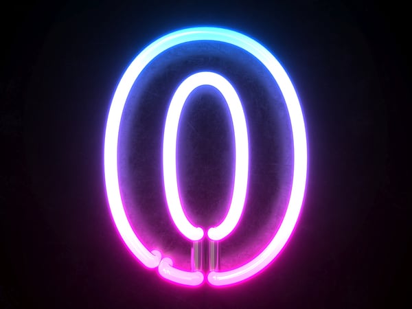 A neon light in the shape of a number 0