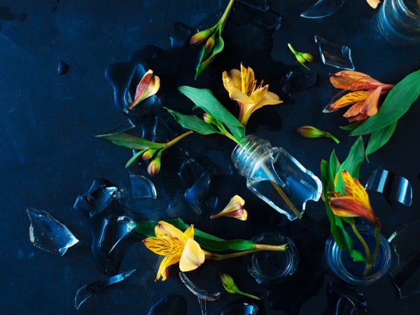 A shattered vase and flowers on a dark background