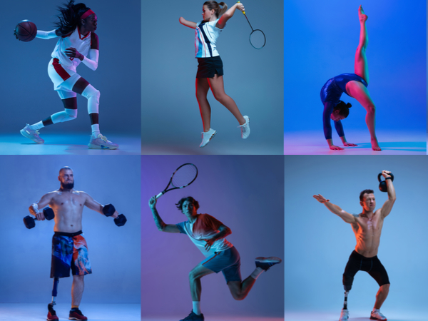 Six athletes playing different sports