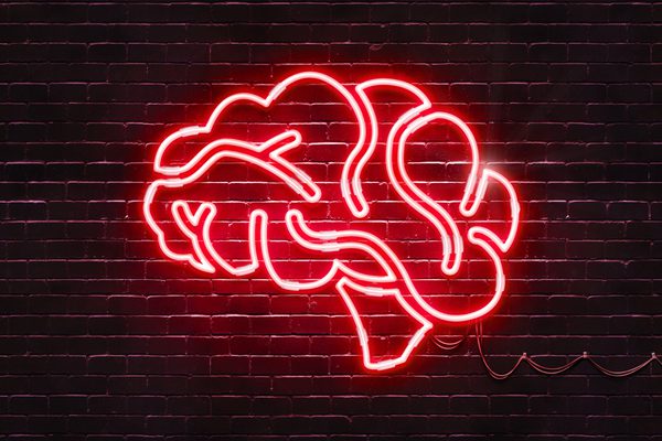 A pink neon light in the shape of a brain