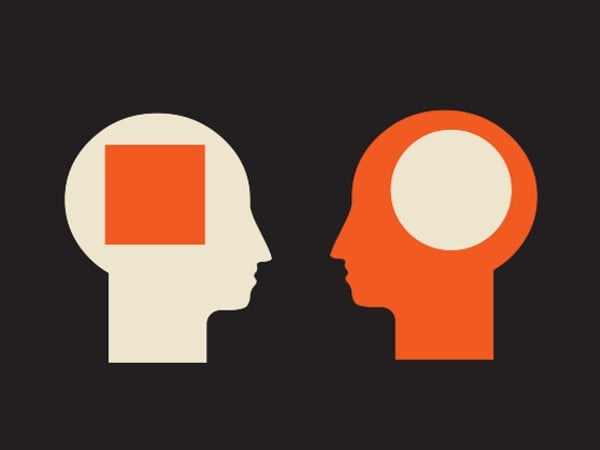 Two silhouettes of heads, one with a square and one with a circle in place of a brain