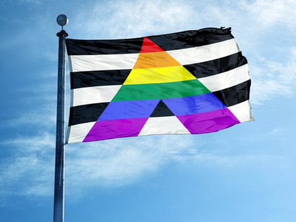 Straight ally flag showing a rainbow inverted triangle shape on a black and white striped background