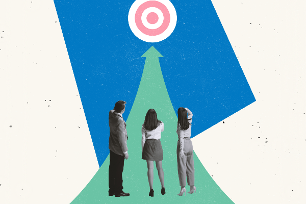 Three people standing on an arrow which is pointing to a far off target