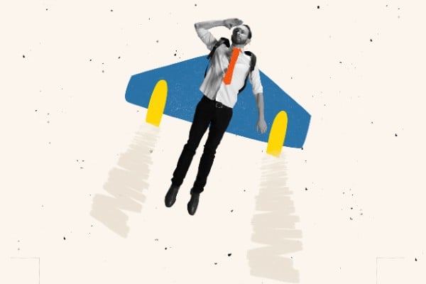 A businessperson strapped into a rocket flying upwards