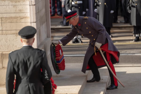 Prince Charles lays a poppy wreath at the Cenotaph in 2018