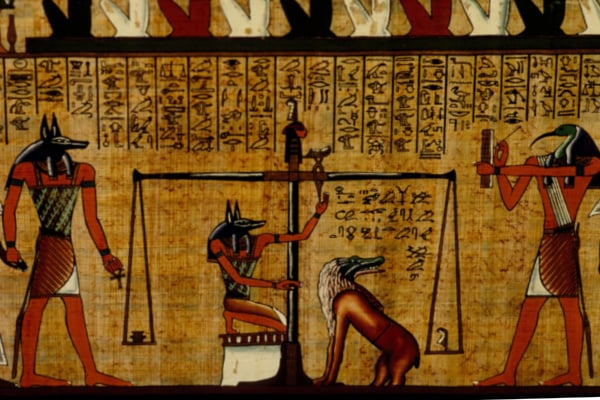 Image of the weighing of the heart ceremony in the Egyptian Book of the Dead