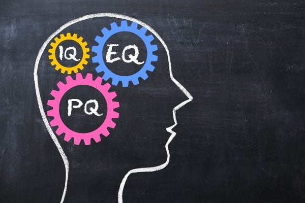 A chalk outline of a head with IQ, EQ and PQ written inside it