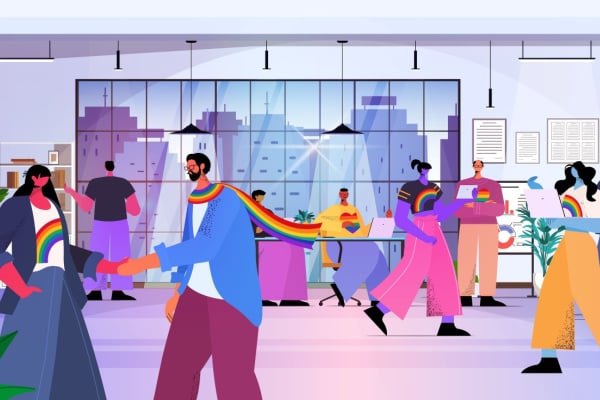 An illustration of people wearing rainbow clothes around an office