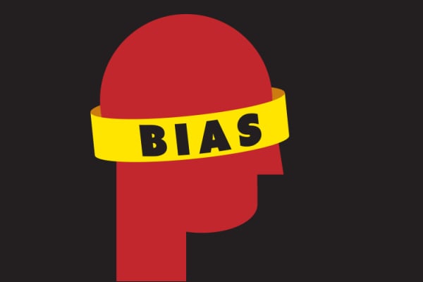 An illustration of a person with a blindfold on that has "BIAS" written on it
