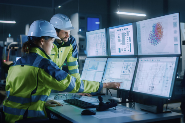 Project Engineer Talks to Female Operator who Controls Facility Production Line, Uses Computer with Screens Showing AI, Machine Learning Enhanced Assembly Process