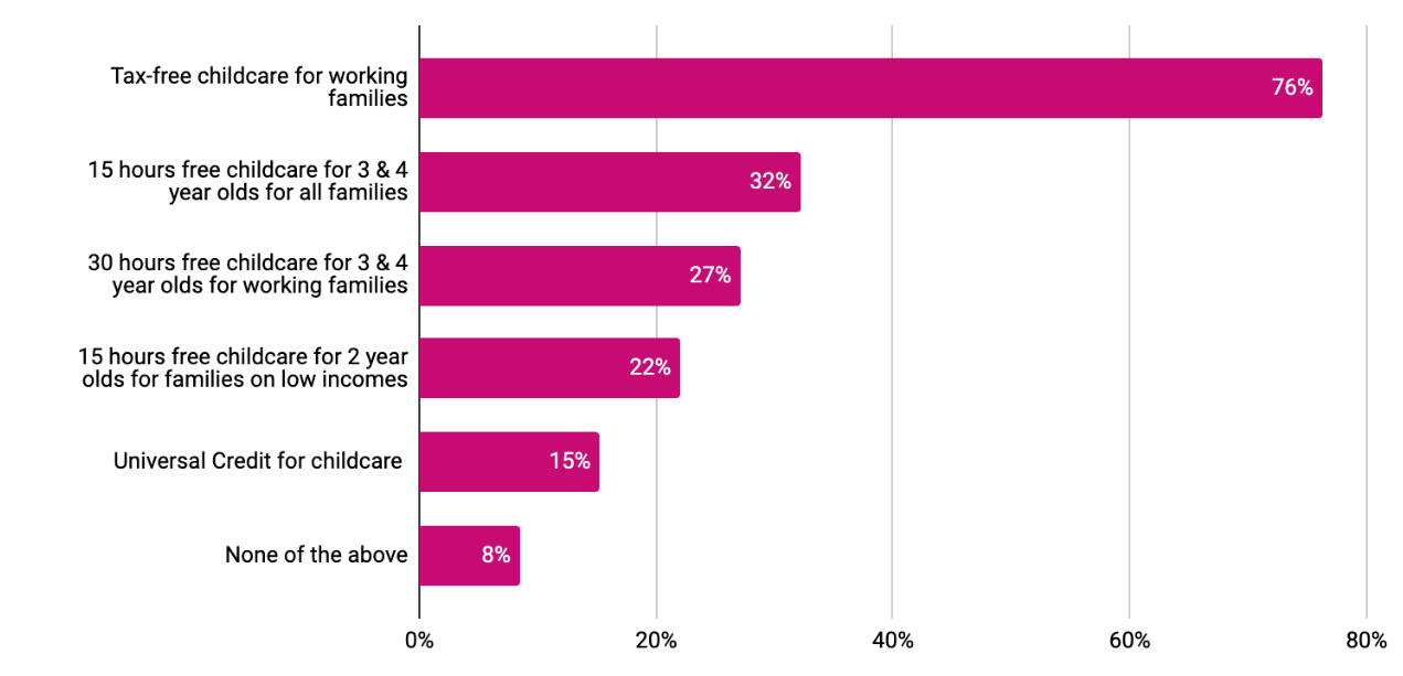 Graph showing that tax-free childcare for working families is the most popular government childcare entitlement that organisations provide information on.