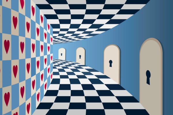 An image of miniature doorways in the style of 'Alice in Wonderland'