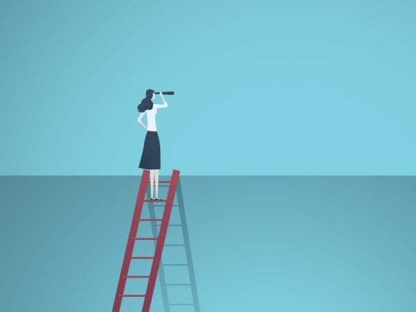 Illustration of a person on a ladder, looking out at plain blue surroundings with binoculars