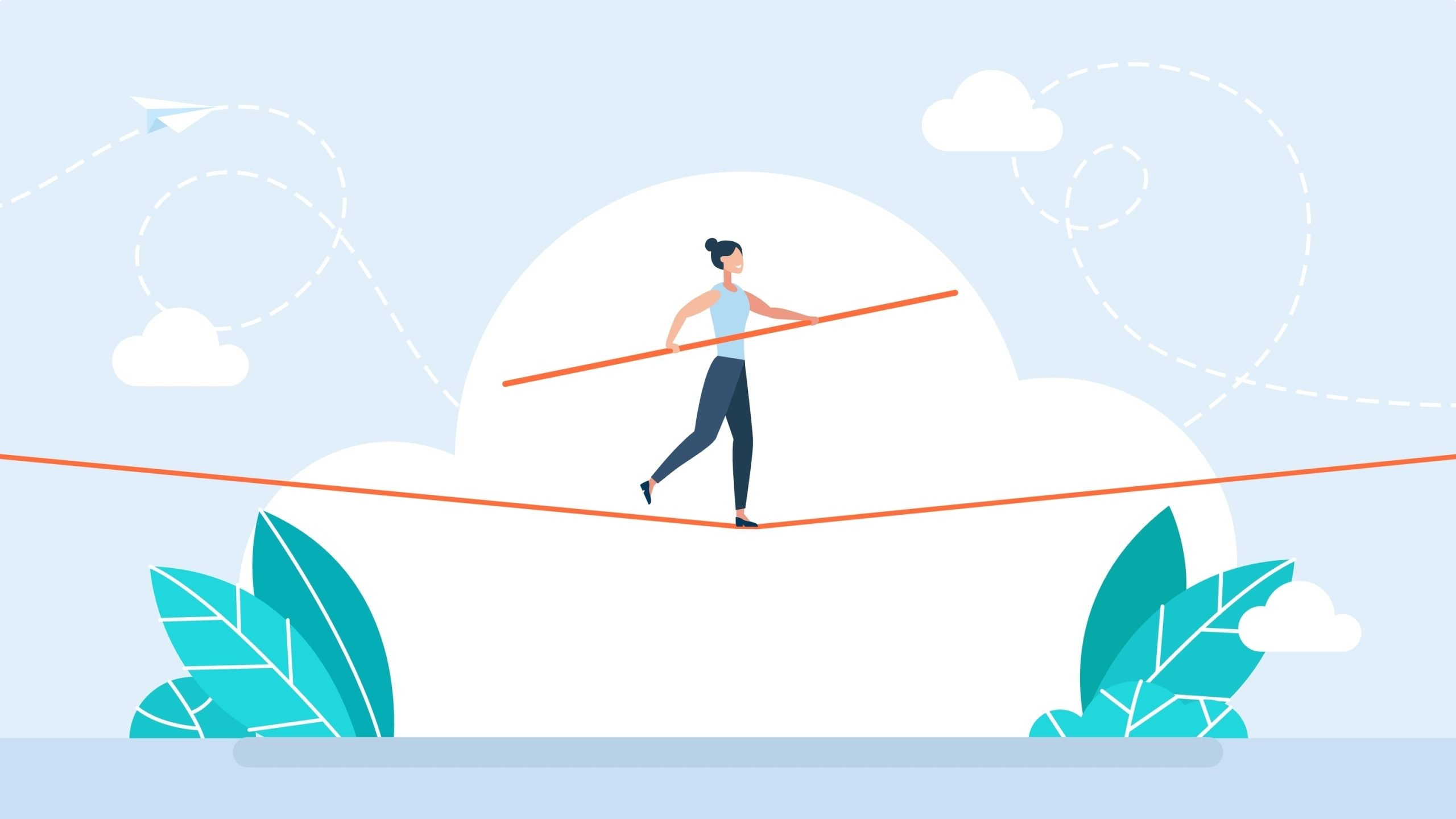 Business risk and professional strategy concept. Businesswoman walks over gap as tightrope walker. Manage Business risk. Woman walking tightrope. Funambulist. Balance-master. Vector illustration
