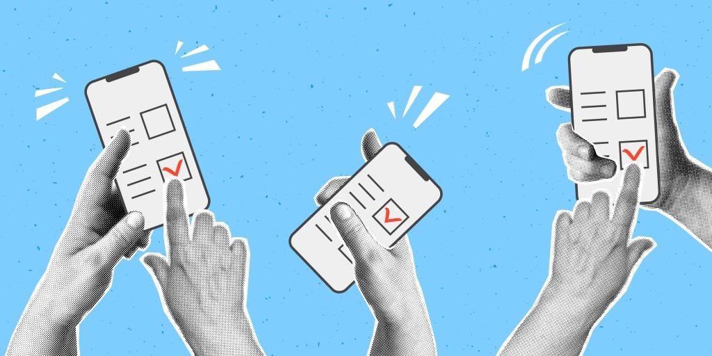 An illustration of people holding phones