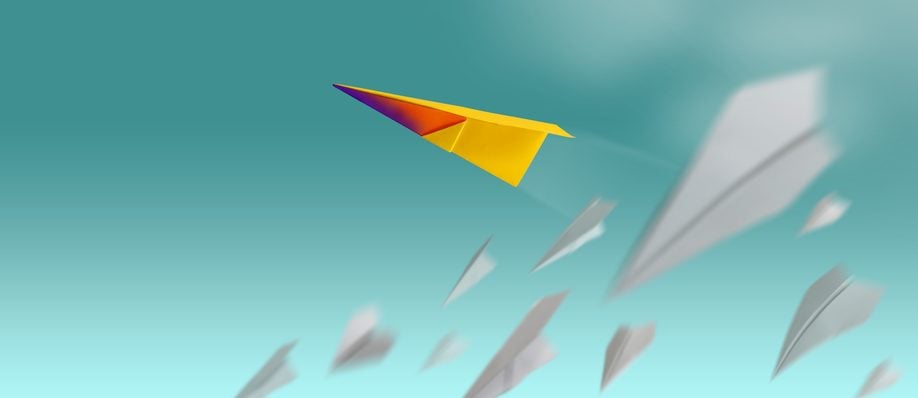 Unique Paper Plane Flying Up in the Sky while The Group of Failure is Falling Down. Business Metaphor Photo