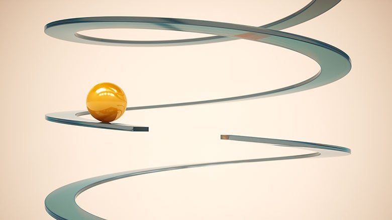 A golden ball traverses a narrow spiral, representing unpredictable challenges and the balance required to overcome them.