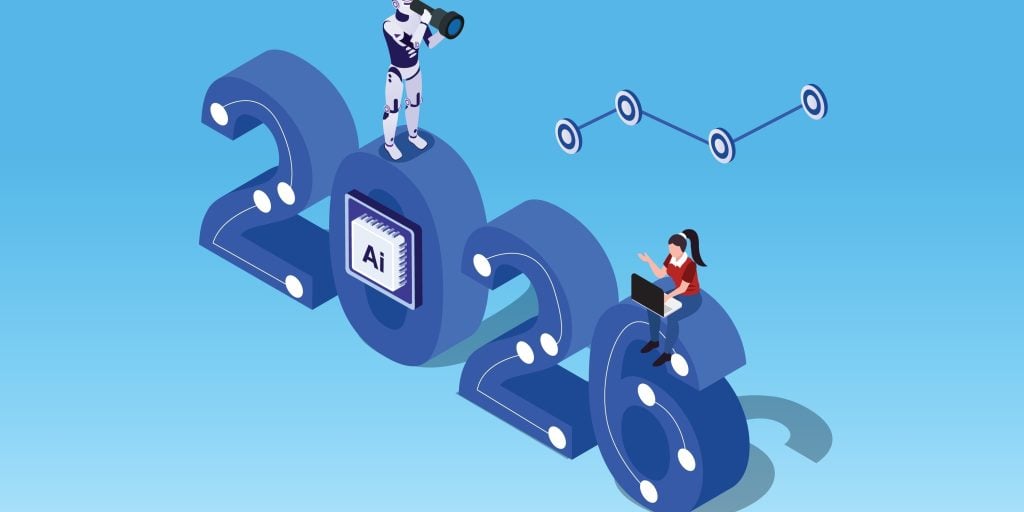 A image of a 2026 sign with a robot and woman sat on it