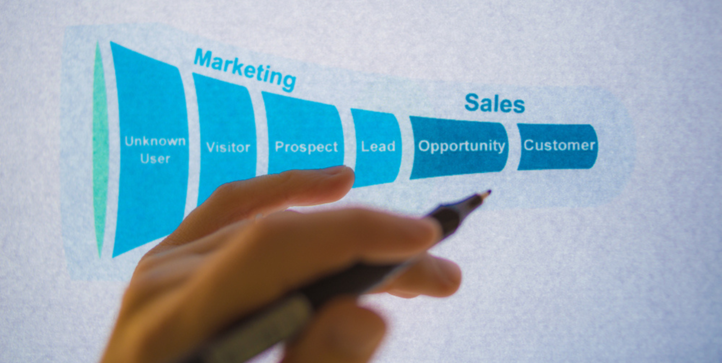 Male hand pointing at a sales funnel chart printed on a white sheet of paper during a business meeting