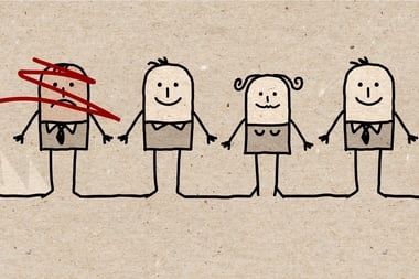 A line of cartoon people with one crossed out